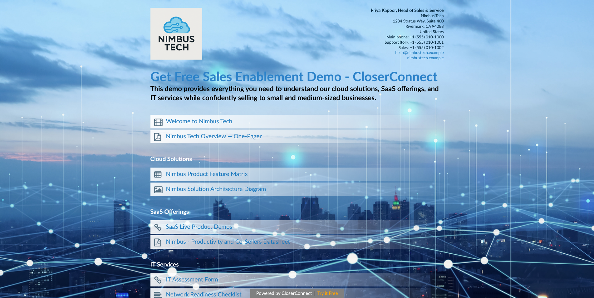 Get Free Sales Enablement Demo - CloserConnect Nimbus Tech Sales Enablement Demo - Sample Page Made in CloserConnect