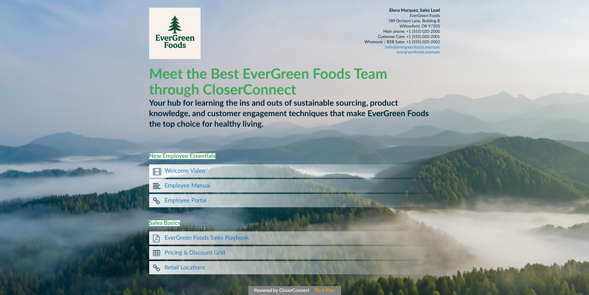 Meet the Best EverGreen Foods Team through CloserConnect - Page Made in CloserConnect